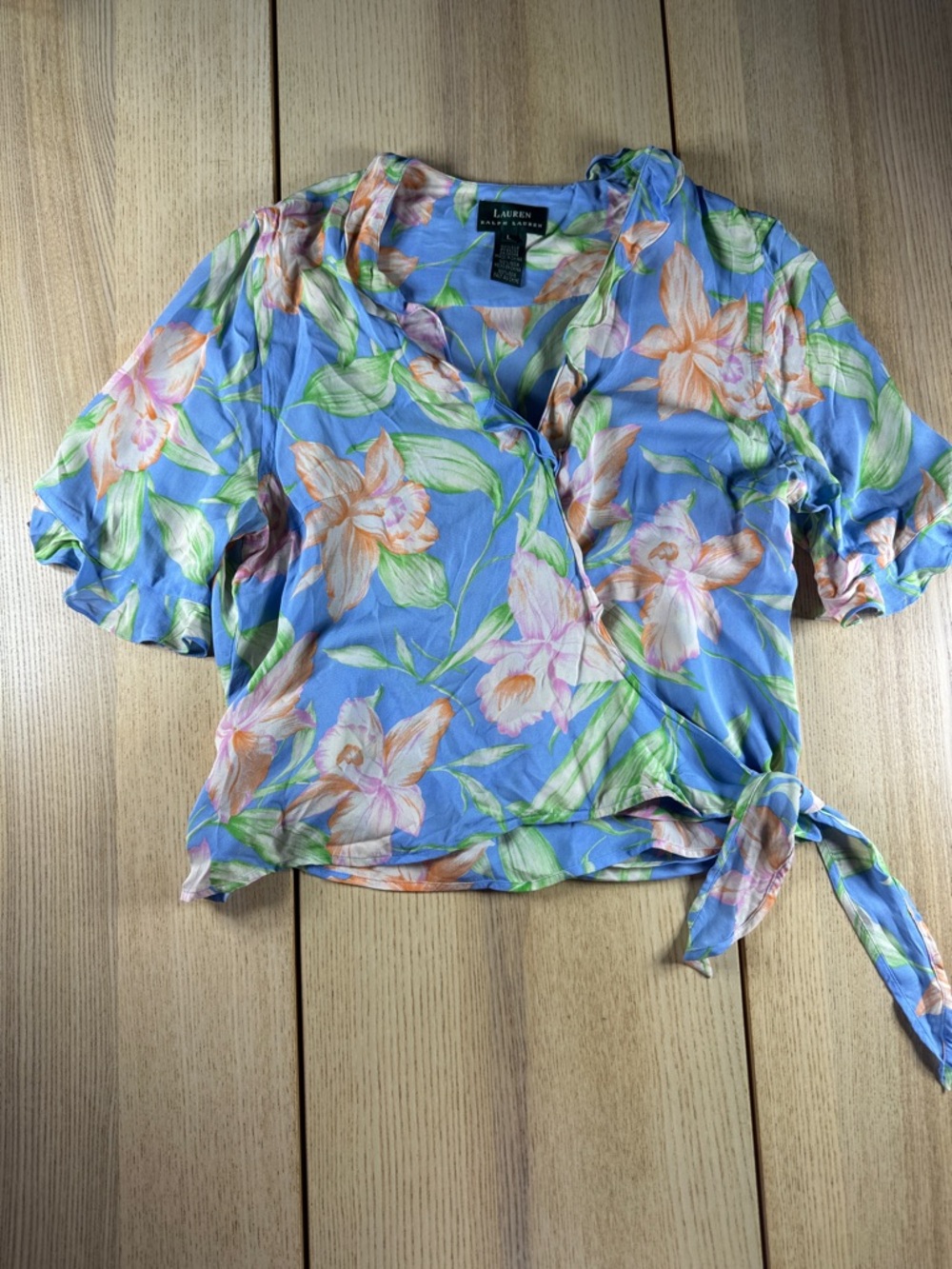 Lauren Ralph Lauren Sky Blue Floral Tie-Front Crop Top 100%silk